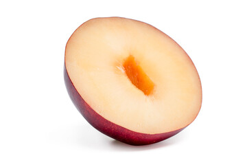 Fresh red plums fruit with slice on white background.