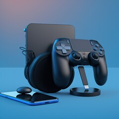 Video game controller. Game console, Gamepad and Headphones. Games and Players © Valentine