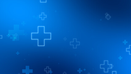 Abstract medical blue cross neon light shapes pattern background.