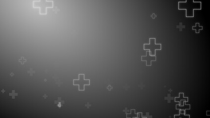 Medical health cross neon light shapes pattern on black background.