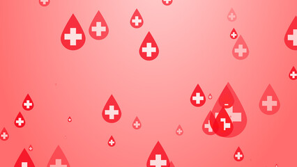 Medical health cross white on red blood drop pattern background. Abstract healthcare for World Blood Donor Day.