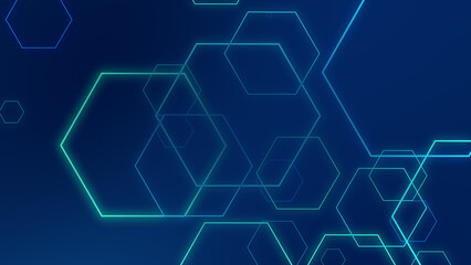 Abstract hexagon geometric blue neon lights technology dark background.