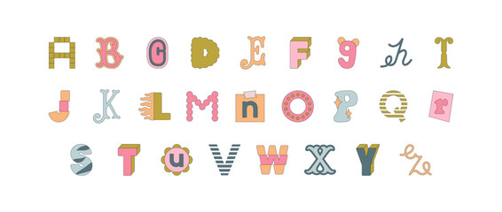 Set with English, Latin alphabet. Letters in different styles. Funny cartoon hand drawn style in pastel colors. Preschool education, alphabet concept. Vector illustrations isolated on white background