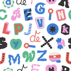 Seamless pattern with latin letters in different styles. Funny cartoon hand drawn style in modern colors. Preschool education, alphabet concept. Vector illustration. Ideal for print and fabric design.