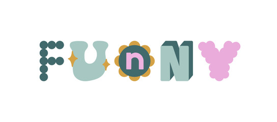 Funny hand drawn lettering. Different letters shape. Design for kids. Can be used in social media, posters, banners, card and web design. Cute vector illustration in pastel colors, Kawaii style.