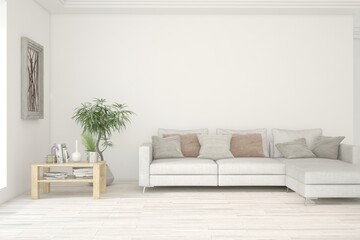 White living room with sofa. Scandinavian interior design. 3D illustration