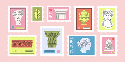 Big set with illustrations of stamps depicting ancient Greek and Roman art. Sculpture, ornament, architectural details. Hand drawn vector illustration isolated on pink background.
