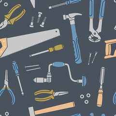 Seamless pattern with various tools: screwdriver, saw, hammer, chisel, pliers, drill, nails etc. Repair work, construction, home tools concept. Hand drawn vector illustration. For prints, textile etc.