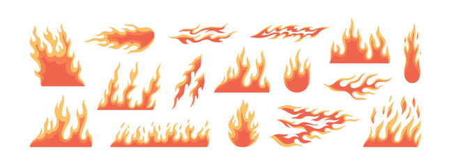 Big set with fire. Different shapes of flames, bonfires, lightnings. Clipart. Hand drawn vector illustrations in yellow and red colors isolated on white background. Design elements, tattoo design.