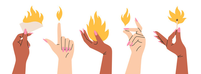 Set with women's hands holding objects in flame, fire elements. Different gestures, cool jewelry and manicure. Nice design. Hand drawn vector illustrations isolated on white background.