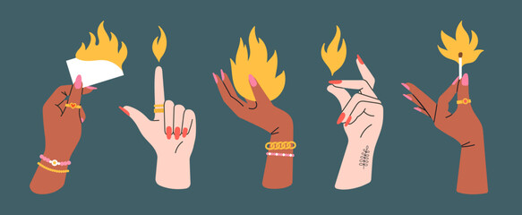 Set with women's hands holding objects in flame, fire elements. Different gestures, cool jewelry and manicure. Nice design. Hand drawn vector illustrations isolated on colorful background.