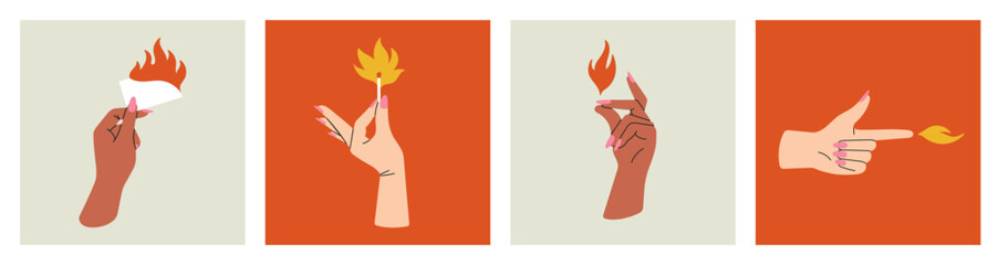 Posters set with women's hands holding objects in flame, fire elements. Different gestures, stylish manicure. Nice design. Hand drawn vector illustrations isolated on colorful backgrounds.