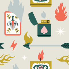 Seamless pattern with fire elements. Candle, lighter, tarot card, flame, lightning etc. Mysterious design. Hand drawn vector illustration. Ideal for prints, fabric and wrapping paper design.