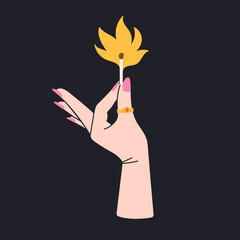Woman's hand holding a match in fire, flame. Expressive gesture, cool jewelry and manicure. Hot design. Hand drawn vector illustration isolated on black background.