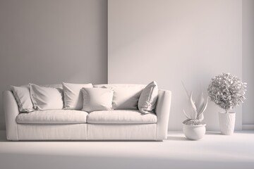 White minimalist living room with sofa. Scandinavian interior design. 3D illustration