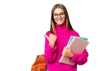 Teenager student caucasian girl over isolated background pointing to the side to present a product