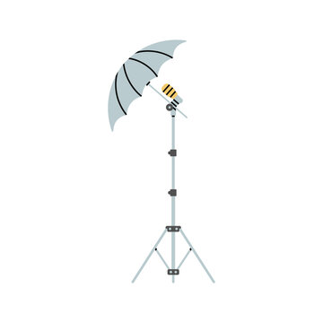 Illustration of a light soft box, reflector, umbrella with a tripod stand. Professional photography equipment for studio lightning. Production process. Vector illustration isolated on white background