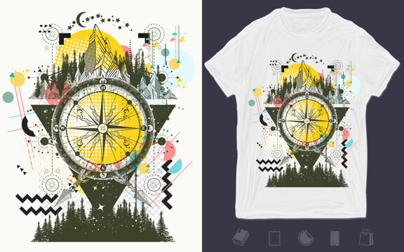 Mountains and compass. Adventure, travel, outdoors, symbol. Zine culture concept. Hand drawn vector glitch tattoo. T-shirt design. Creative print for clothes. Template for posters, textiles