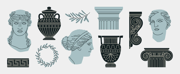 Poster with classical architectural details, sculptures and reliefs. Ancient Greek and Roman art concept. Prints can be used as stickers, icons, highlights etc. Hand drawn vector illustrations set.