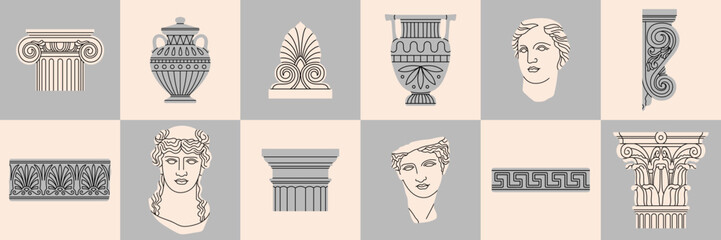 Posters set with classical architectural details, sculptures and reliefs. Ancient Greek and Roman art concept. Prints can be used as stickers, icons, highlights etc. Hand drawn vector illustrations