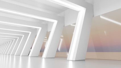 White futuristic office with sea view. Modern style abstract 3d rendered background.