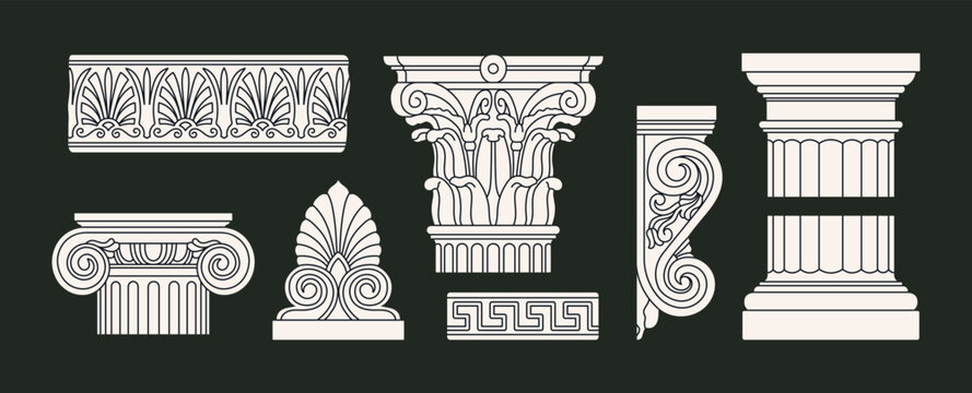 Big set with architectural details made of marble or gypsum. Ancient Greek and Roman art. Sculpture, ornament, architecture. Hand drawn vector illustrations isolated on black background.