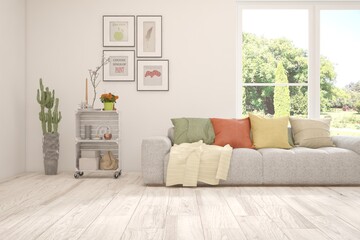 White living room with sofa and summer landscape in window. Scandinavian interior design. 3D illustration