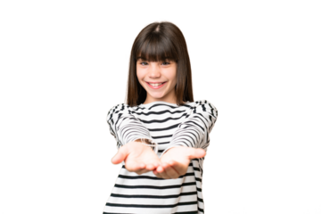 Little caucasian girl over isolated background holding copyspace imaginary on the palm to insert an ad