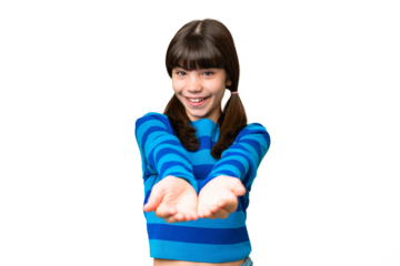 Little caucasian girl over isolated background holding copyspace imaginary on the palm to insert an ad