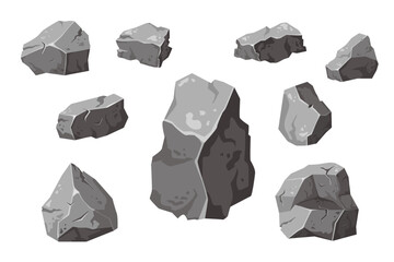 Set cartoon rock of different bouldesrs. Stone of various shapes. Heap of heavy cobbles. Granite cobblestone, natural building block. Vector illustration
