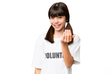 Little volunteer girl over isolated background inviting to come with hand. Happy that you came
