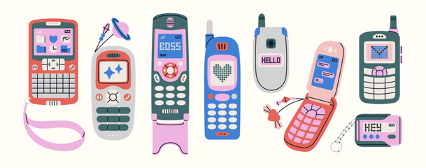 Big set with retro electronic devices. Mobile phones with buttons, beaded keychains, beeper, pager. Cute and stylish attributes from 90s. Hand drawn vector illustration. Vintage electronics concept.