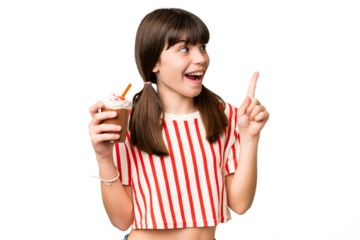 Young man with chocolat milkshake over isolated background intending to realizes the solution while lifting a finger up