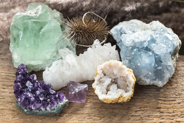 Stones and minerals set up for healing therapy
