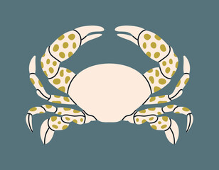 Poster with a crab. Underwater and sea life concept. Hand draw vector illustration isolated on colorful background. Cute design in pastel colors. For prints, typographic and web design.