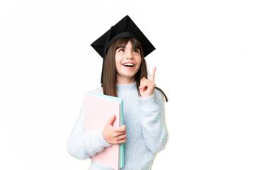 Little caucasian student girl over isolated background thinking an idea pointing the finger up