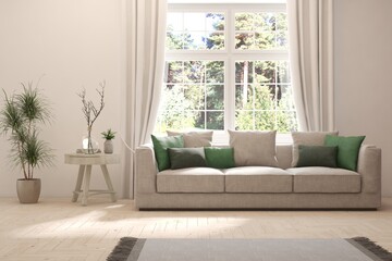Minimalist living room in white color with sofa and summer landscape in window. Scandinavian interior design. 3D illustration