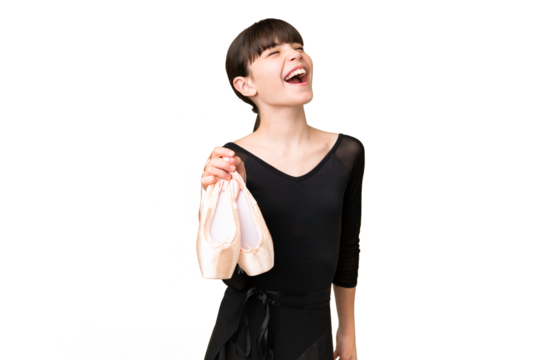 Little caucasian girl practicing ballet over isolated background laughing