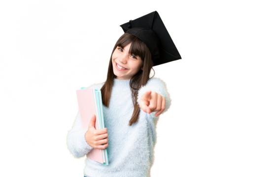 Little caucasian student girl over isolated background pointing front with happy expression - Powered by Adobe