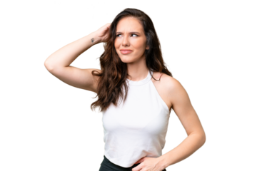 Young caucasian woman isolated over isolated background having doubts and with confuse face expression