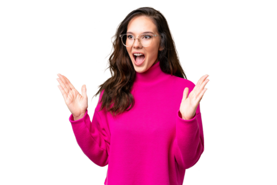 Young caucasian woman isolated over isolated background with surprise facial expression