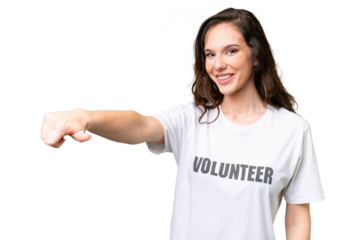 Young volunteer caucasian woman over isolated background giving a thumbs up gesture
