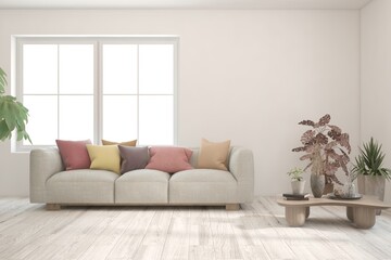 White living room with sofa. Scandinavian interior design. 3D illustration