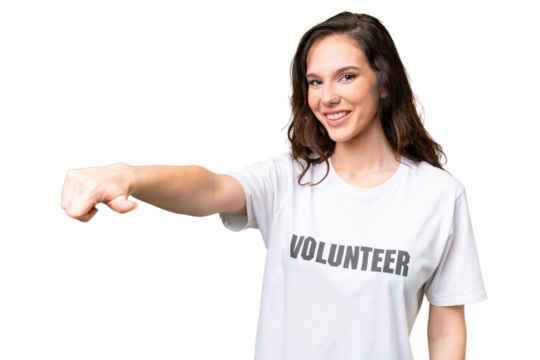 Young volunteer caucasian woman over isolated background giving a thumbs up gesture