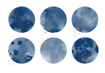 Simple Minimalist Vector Illustration with Dark Blue Circles and Gold Splatters on a White Background. Set of 6 Abstract Moons. Watercolor Style Print ideal for Wall Art, Poster.
