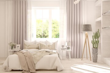 White bedroom interior. Scandinavian design. 3D illustration