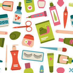 Seamless pattern with various beauty products: moisturizer, sheet mask, cleanser, tonic etc. Cute vector illustration. Korean cosmetics. Beauty procedure, spa and self care concept.