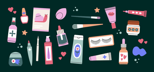 Fototapeta na wymiar Poster with beauty products. Cream, cleanser, tonic, sheet mask, serum, moisturizer, essence, foundation, nail polish etc. Make up, manicure and skin care cosmetic. Vector illustration, nice colors