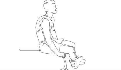 One continuous line. Man sits on the edge of a pool. Rest by the water. Swimming in the pool. One continuous line on a white background.