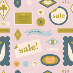 Seamless pattern with sale symbols. Positive print with stickers and phrases. Ideal for wrapping paper, social media backgrounds, fabric design. Trendy vector illustration. Online shopping concept.